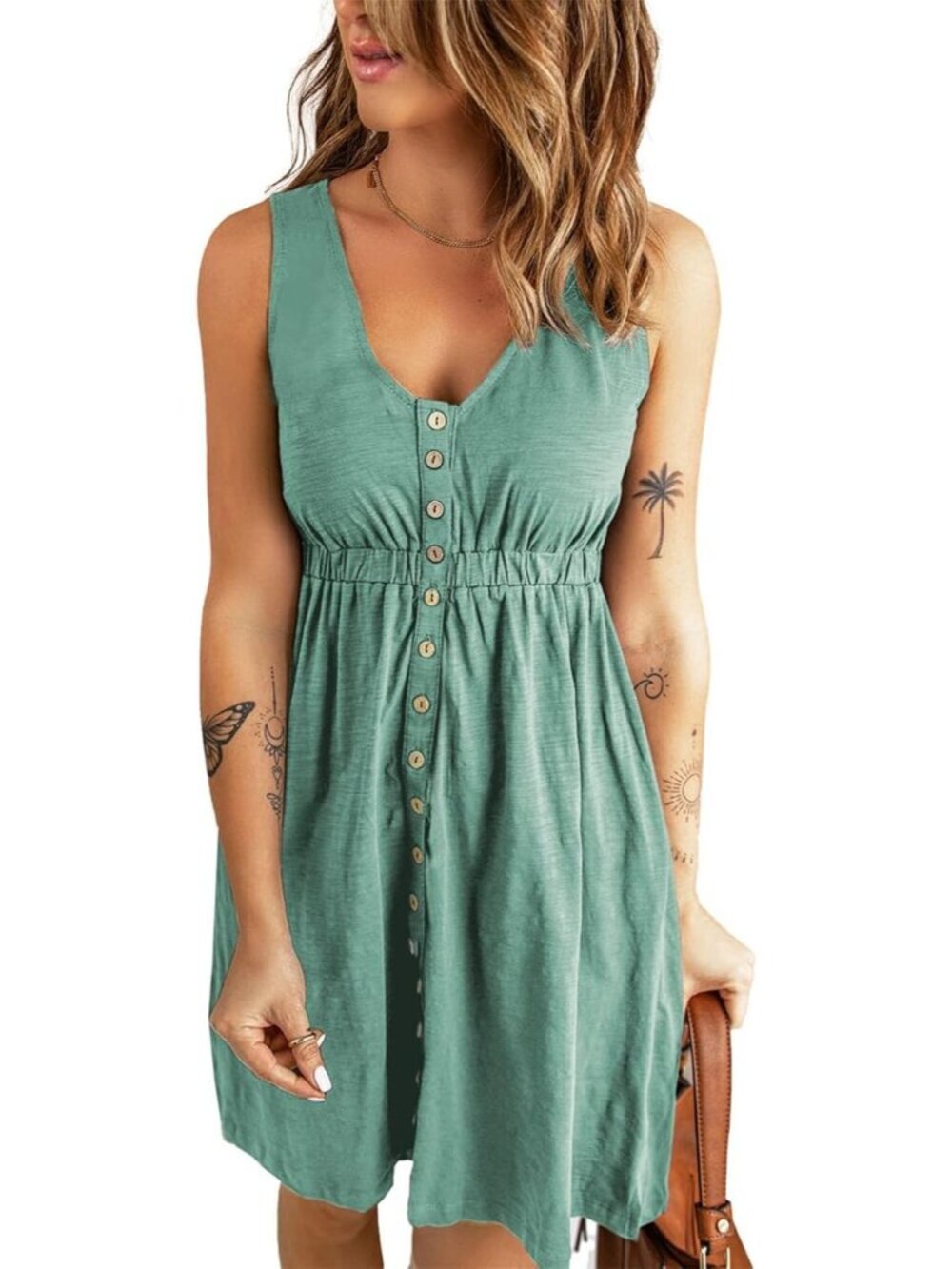 Women's Fruit Green Spring Clothes Sleeveless Crew neck Mini Flowy Sun Dresses